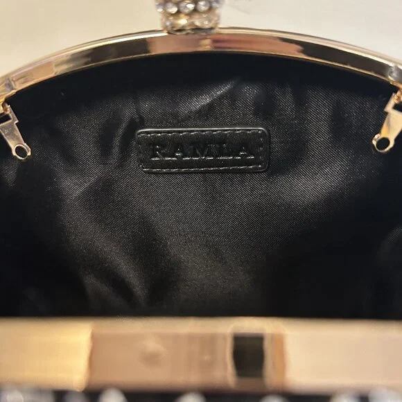 NEW Ramla Bejeweled Crystal Evening Bag Black Gold Chain Strap Top Handle Prom - Picture 10 of 11